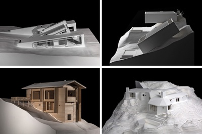 Vier der in der Ausstellung gezeigten Modelle von Häusern von Jean Nouvel, Eduardo Souto de Moura, Peter Zumthor und Alberto Ponis