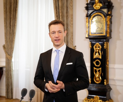 Bundesminister Gernot Blümel beim Pressestatement vor dem Ministerrat am 14. März 2018